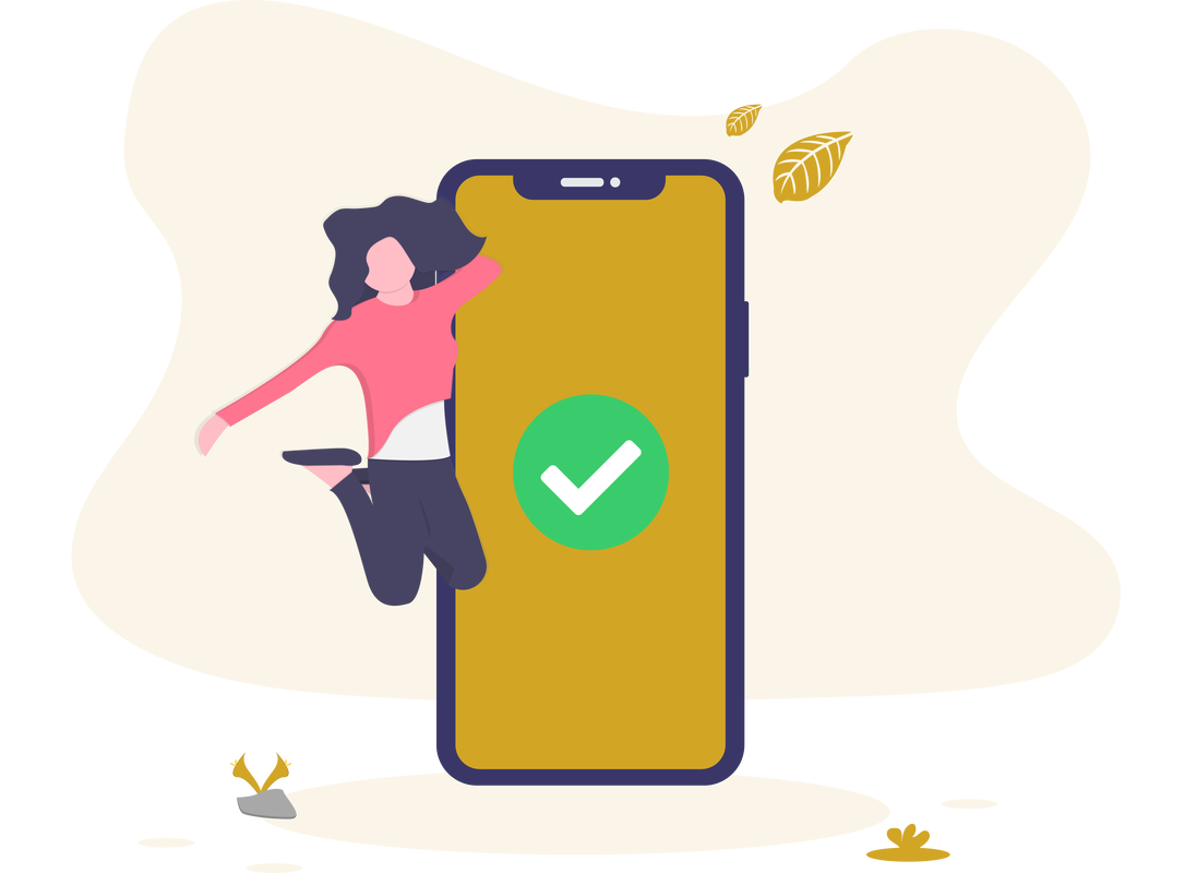 graphic of a woman jumping beside a mobile phone